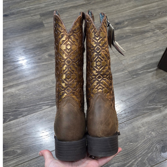 Ariat Round Up Wide Square Toe Cowboy Boot Bare Brown Copper Blanket Emboss 9B - Picture 6 of 9